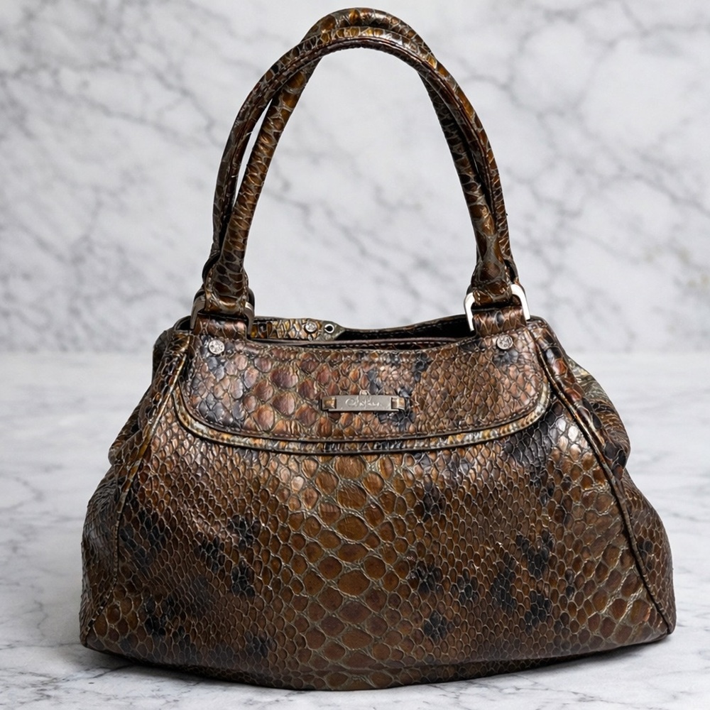 👜 Vintage Cole Haan Brown & Olive Green Metallic Python-Embossed Leather Bag🔥
